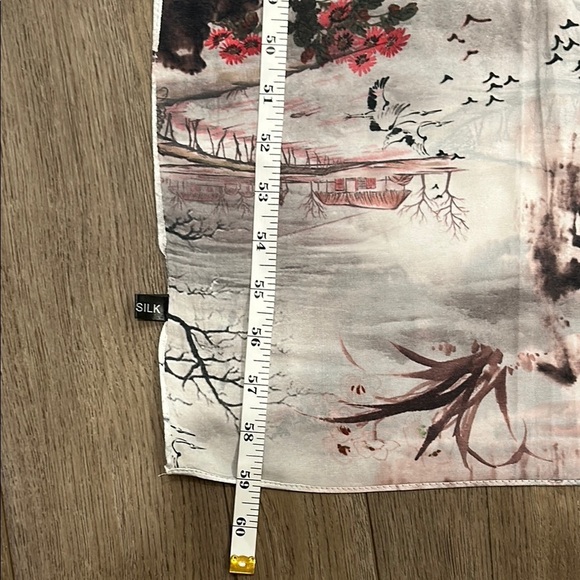 100% Silk Scarf Shaw Wrap Toile Gray Brown, Pink Floral, Boats, Tree - Picture 10 of 11